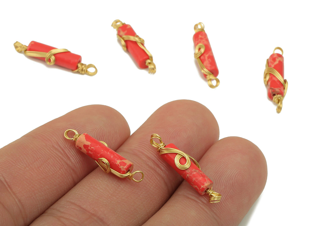 Natural Stone Earring Charm - Brass Wire Wrapped Pendant - Red Cylinder Natural Stone - Gold Tone Plated -21.86 x 4.79 x 4.12mm-NS1894B - DOMEDBAZAAR