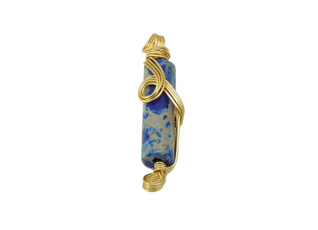 Natural Stone Earring Charm - Brass Wire Wrapped Pendant - Blue Cylinder Natural Stone Connector - Gold Tone Plated -22 x4.8x 3.97mm-NS1894E - DOMEDBAZAAR