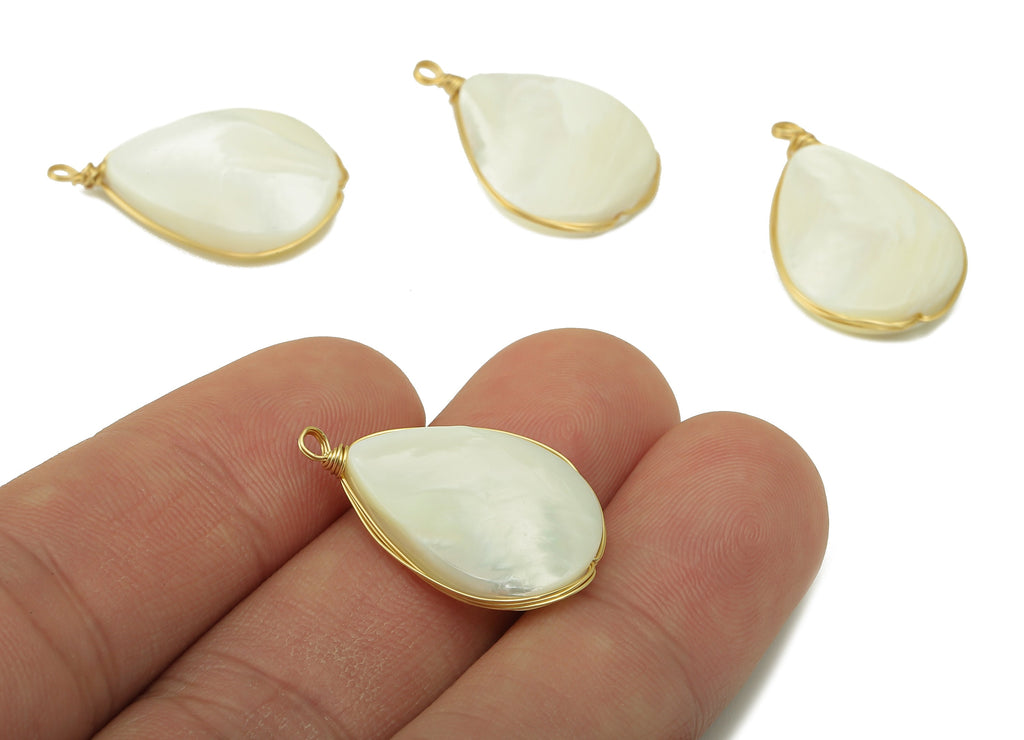 Shell Earring Charm - Brass White Mother of Pearl Shell - Teardrop Natural Stone - Gold Tone Plated - 25.44 x 15.46 x 5.25mm-NS1895 - DOMEDBAZAAR