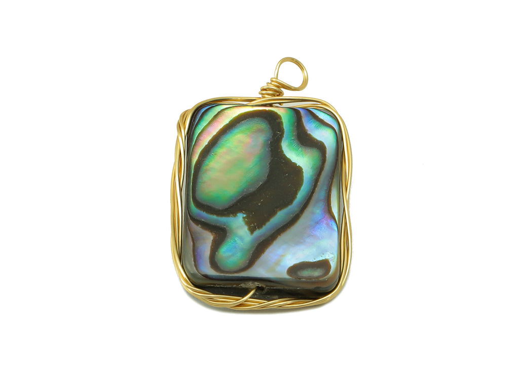 brass Abalone Earring Charm - Brass Rectangle Abalone Pendant - Brass Wire Wrapped Natural Stone - Gold Tone Plated - 22x13.45x3.6mm-NS1897 - DOMEDBAZAAR