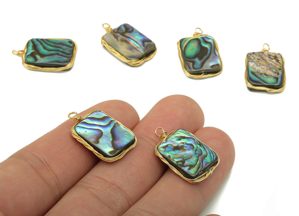 brass Abalone Earring Charm - Brass Rectangle Abalone Pendant - Brass Wire Wrapped Natural Stone - Gold Tone Plated - 22x13.45x3.6mm-NS1897 - DOMEDBAZAAR
