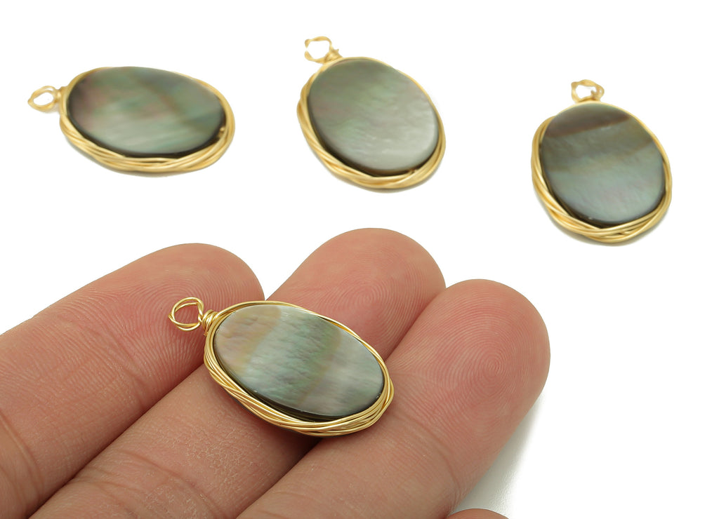 shell Earring Charm - Brass mother of pearl shell Pendant - Brass Wire Wrapped Natural Stone - Gold Tone Plated -27.23x 17x 3.48mm-NS1898 - DOMEDBAZAAR
