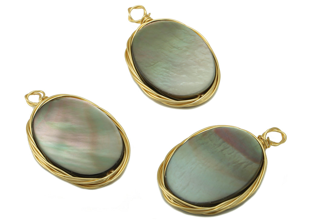 shell Earring Charm - Brass mother of pearl shell Pendant - Brass Wire Wrapped Natural Stone - Gold Tone Plated -27.23x 17x 3.48mm-NS1898 - DOMEDBAZAAR