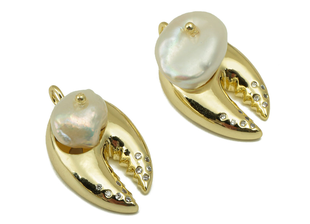 Pearl Earring Charm - Zircon mother of pearl Pendant - Lobster Earring Charm - White Natural Stone - Gold Tone Plated -24x13x 10.93mm-NS1901 - DOMEDBAZAAR