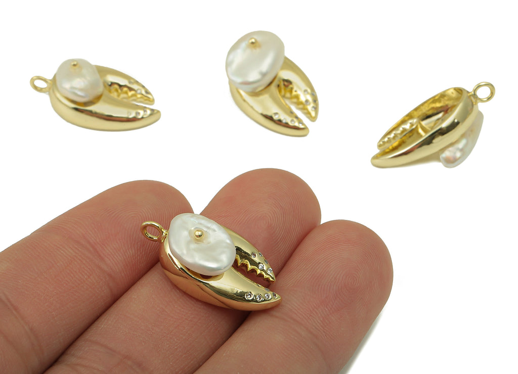 Pearl Earring Charm - Zircon mother of pearl Pendant - Lobster Earring Charm - White Natural Stone - Gold Tone Plated -24x13x 10.93mm-NS1901 - DOMEDBAZAAR