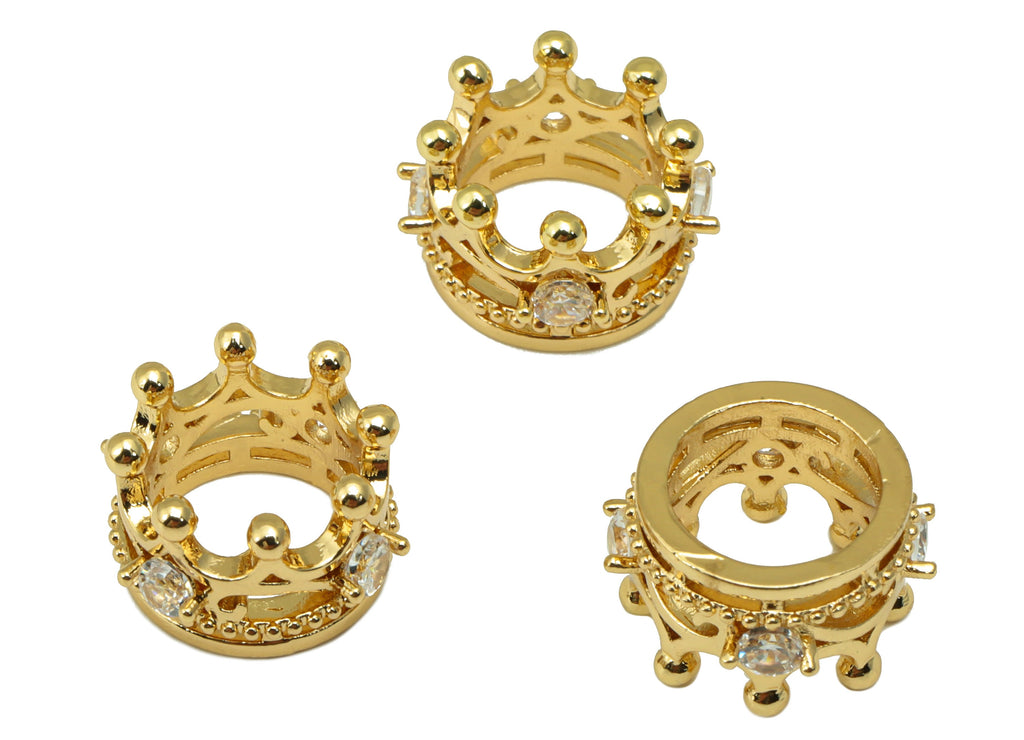 Brass Crown Bead - Brass Cubic Zirconia Hollow Pendant - CZ Crown For Necklace Spacer - 18K Real Gold Plated - 13.32x 7.88x 1.72mm - RGP6676 - DOMEDBAZAAR