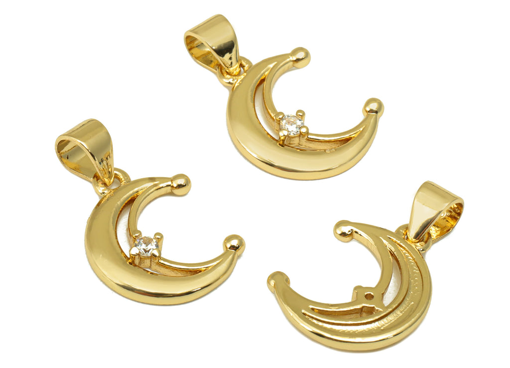 Brass Crescent Earring Charms -Mini Moon Cubic Zirconia Pendant- For Necklace - 18K Real Gold Plated - 19.53 x 12.07 x 2.22mm- RGP6680 - DOMEDBAZAAR