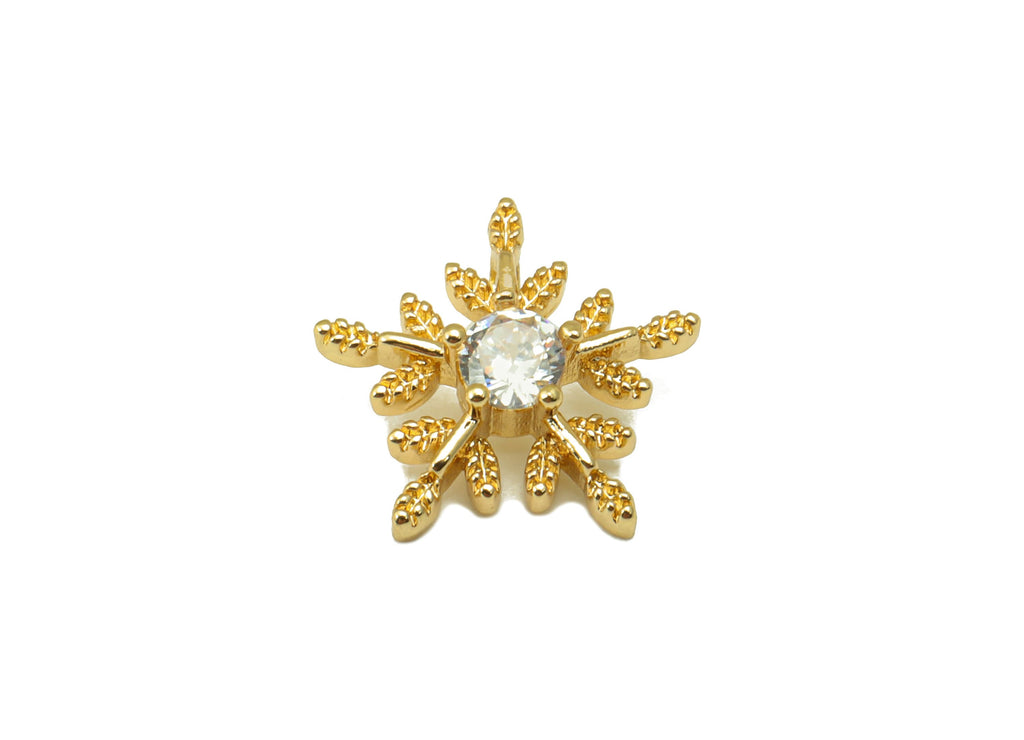 Brass Flower Earring Charms -Mini Snowflake Cubic Zirconia Pendant- For Necklace - 18K Real Gold Plated -11.89x12.24x 3.26mm- RGP6681 - DOMEDBAZAAR