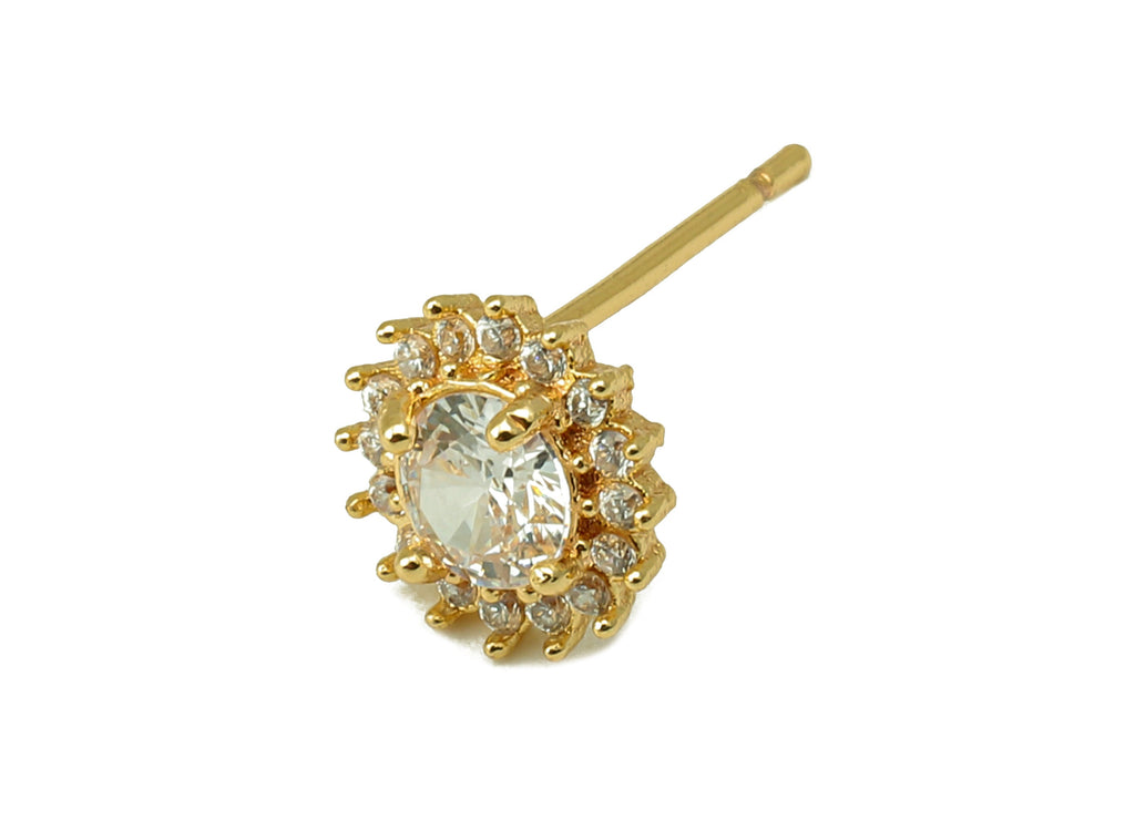 Brass Round Flower Earring Stud - Cubic Zirconia Eyes Sunflower Earring Post- 18K Real Gold Plated -CZ Earring Findings- 7x7x3mm- RGP6195 - DOMEDBAZAAR