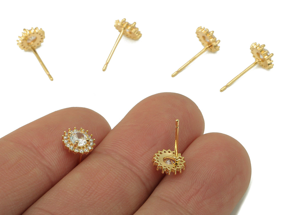 Brass Round Flower Earring Stud - Cubic Zirconia Eyes Sunflower Earring Post- 18K Real Gold Plated -CZ Earring Findings- 7x7x3mm- RGP6195 - DOMEDBAZAAR