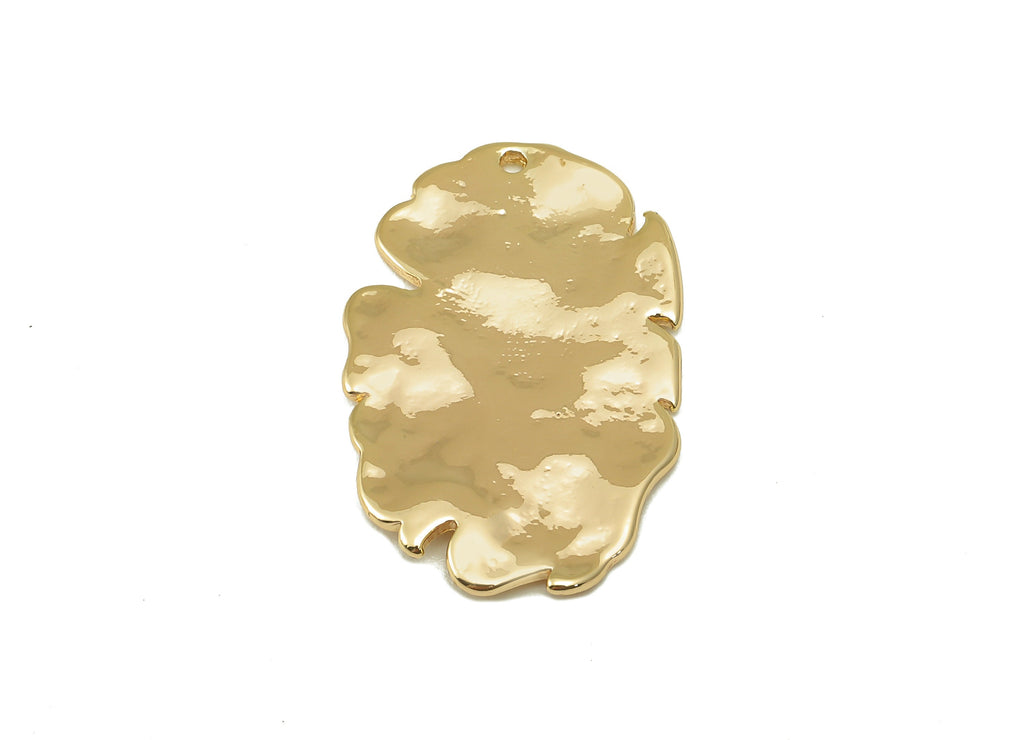Brass Leaf Earring Charm - Brass Oval Hammered Pendant - For Necklace - 18K Real Gold Plated Brass - Jewelry Making - 26x16.5x1.3mm- RGP6602 - DOMEDBAZAAR