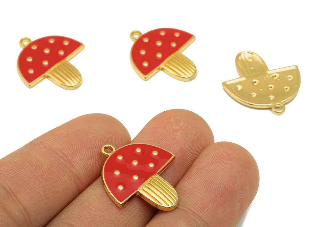 Alloy Mushroom Charms - Zinc Alloy Red Enamel Earring - Bracelet Pendant -For Necklace - Gold Tone Plated - 23.59 x 20.6 x 1.84mm- ZZ2030 - DOMEDBAZAAR