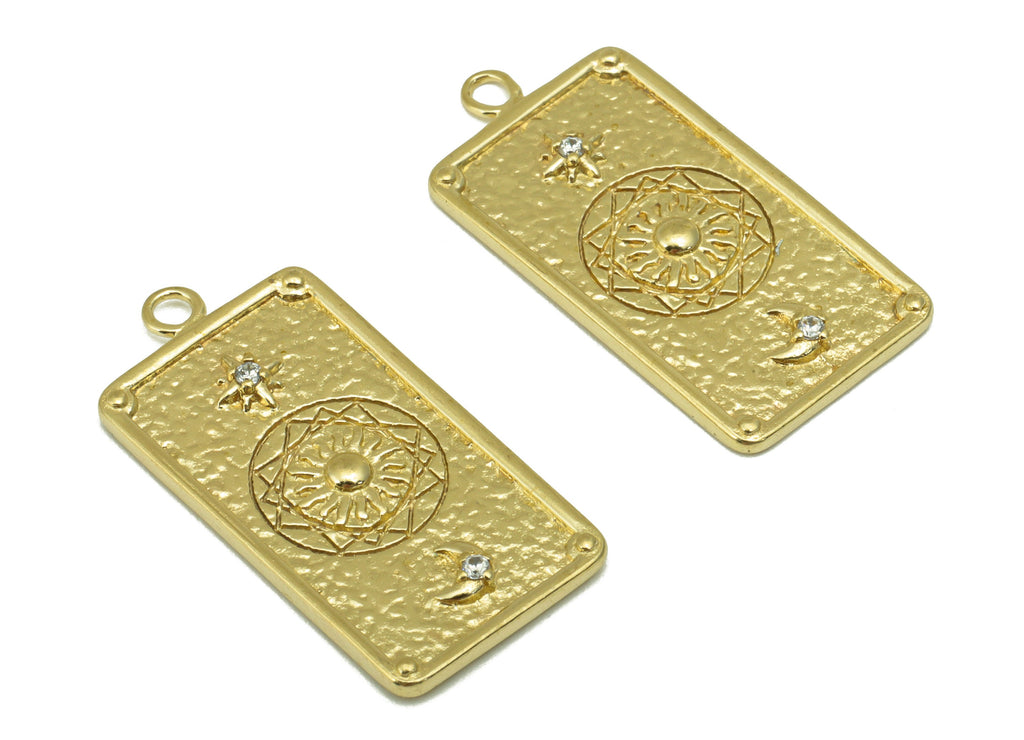 Brass Rectangle Pendant  - Hammered Brass - North Star Moon  - Crescent Cubic Zircon --Jewelry Supplies -27x 13 x 1.33mm --PP8460 - DOMEDBAZAAR