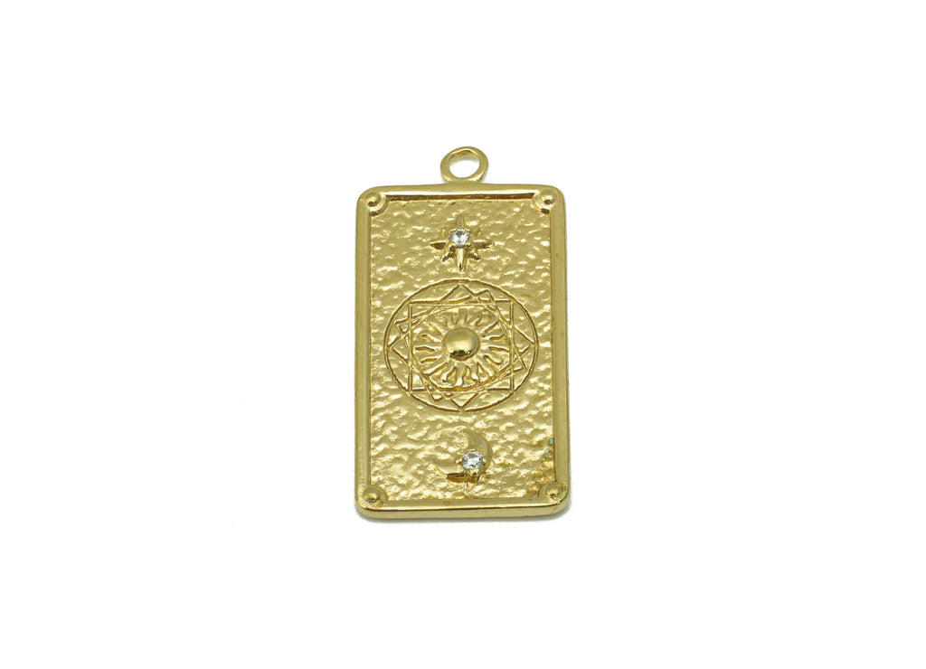 Brass Rectangle Pendant  - Hammered Brass - North Star Moon  - Crescent Cubic Zircon --Jewelry Supplies -27x 13 x 1.33mm --PP8460 - DOMEDBAZAAR