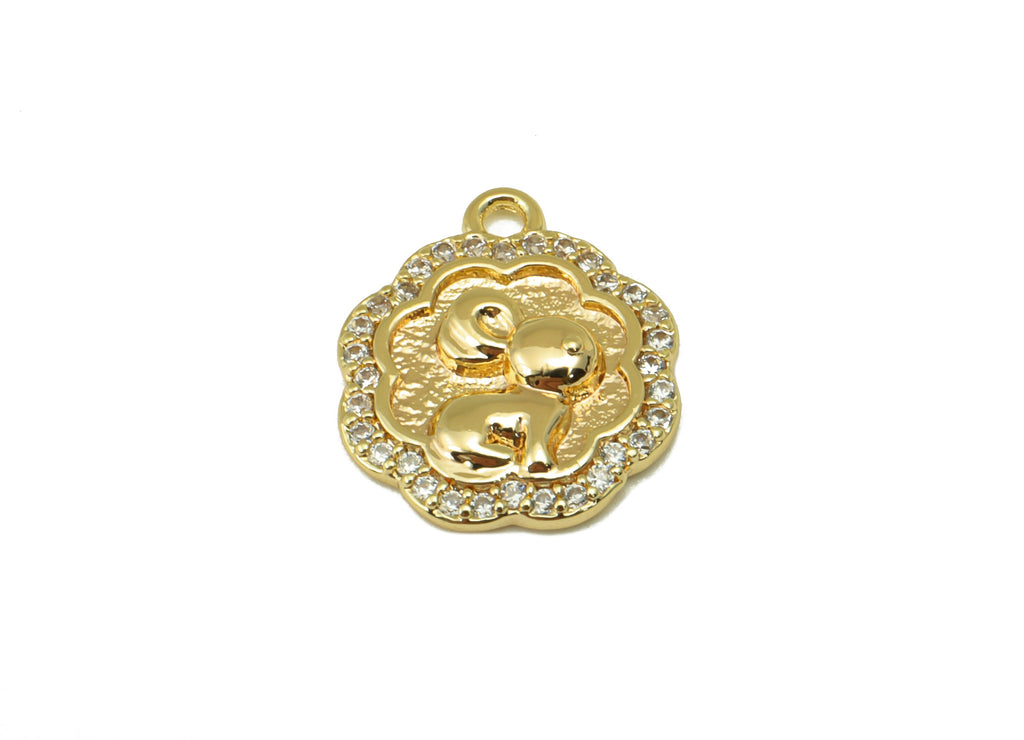 Brass Rabbit Charm - Brass Cubic Zirconia Earring Charm - Textured CZ Flower Earring - For Necklace -18K Real Gold Plated-15x12x2mm- RGP6362 - DOMEDBAZAAR
