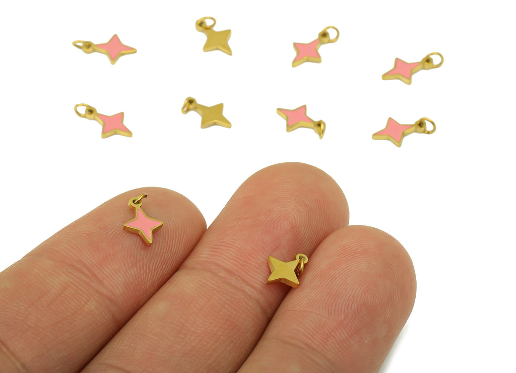 Stainless Steel Star Earring Charm - Pink Enamel Pendant - Star Bracelet Charm - For Necklace - 18k Real Gold Plated - 10.6x5.9x1mm- RGP6431 - DOMEDBAZAAR