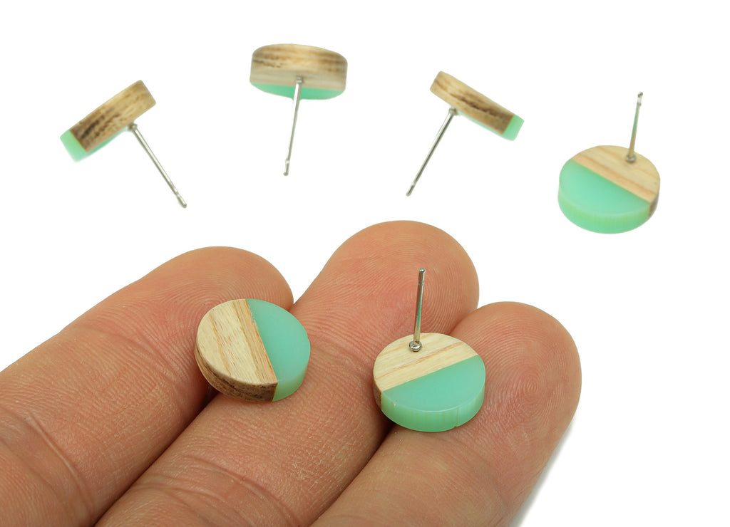 Redwood Resin Round Earring Stud -Redwood Light Green Resin Circle Earring Post - 316 Stainless Steel Stud - 12x12.15x 3.18mm - BB1310A - DOMEDBAZAAR