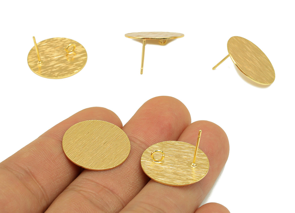 Brass Round Earring Stud - Brass Circle Earring Post - Brass Textured Post with Loop - 18K Real Gold Plated -20.48x20x4.38mm- RGP6690 - DOMEDBAZAAR