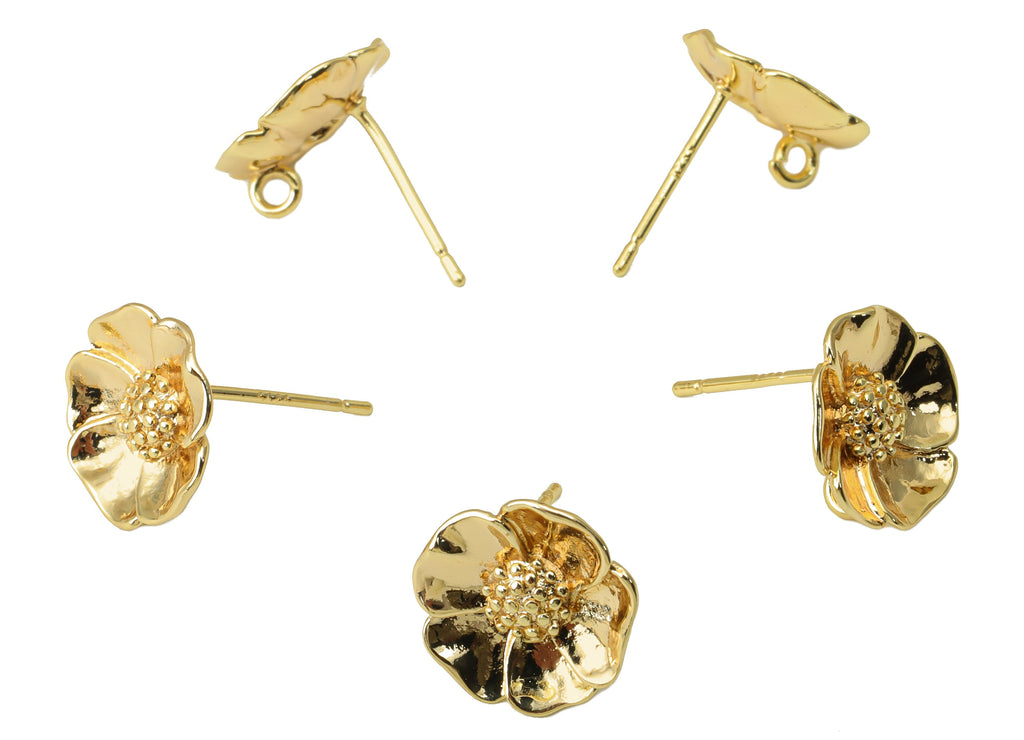 Brass Flower Earrings Stud - Brass Daisy Earring Post - Botanical Earring Post With Loop - 18K Real Gold Plated -11.81x11.81x1.91mm- RGP6271 - DOMEDBAZAAR