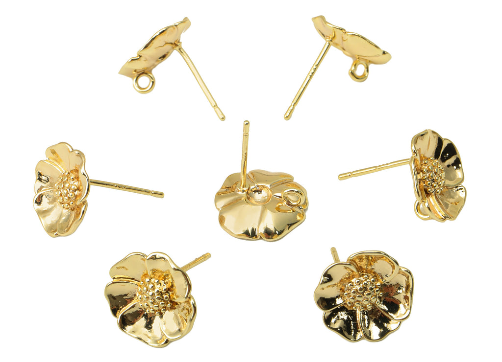 Brass Flower Earrings Stud - Brass Daisy Earring Post - Botanical Earring Post With Loop - 18K Real Gold Plated -11.81x11.81x1.91mm- RGP6271 - DOMEDBAZAAR