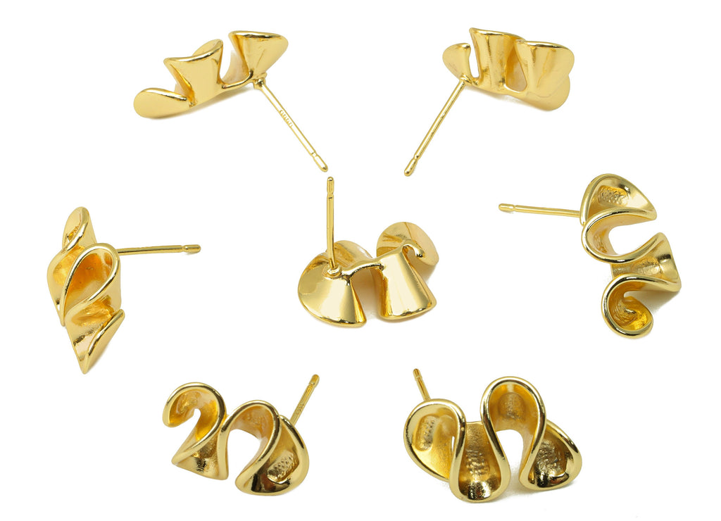 Brass Twisted Stud Earring - Brass Wavy Bent Earring Post - Brass Spiral Earring Post - 18K Real Gold Plated - 16.84x13.11x 0.81mm- RGP6204 - DOMEDBAZAAR
