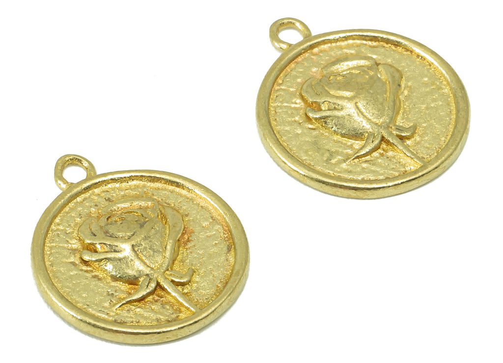 Brass Round Rose  Earrings Charm - Raw Brass Bent Round Rose Pendant  - Flower Charm-Botanical Charm-For Necklace -15 x 12x 1.92mm-PP8348 - DOMEDBAZAAR