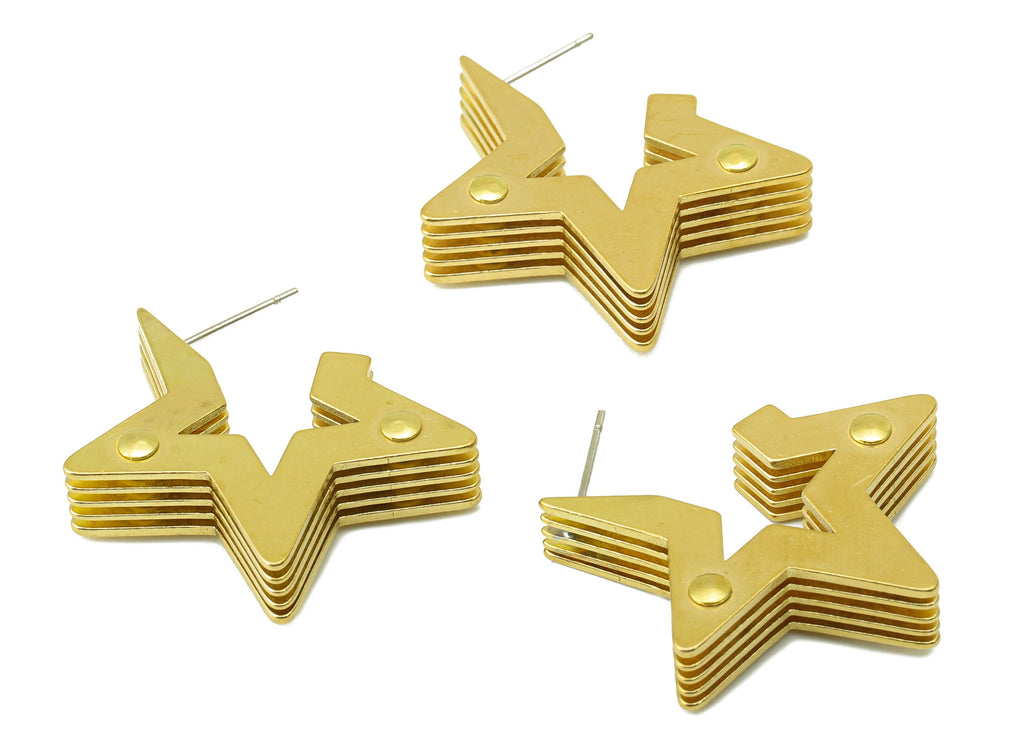Brass Five layers  Star Earring Stud – Raw Brass Stack Geometry Post -Cubic Notch Stud - Earring Post -Jewelry Supplies - 30x30x8mm -PP8482 - DOMEDBAZAAR