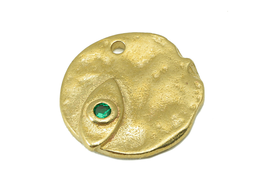 Brass Round Earrings - Raw Brass Irregular Round Charm - Cubic Zircon Circle Green Eye Charm -For Necklace -14x14x2.7mm-PP8329 - DOMEDBAZAAR