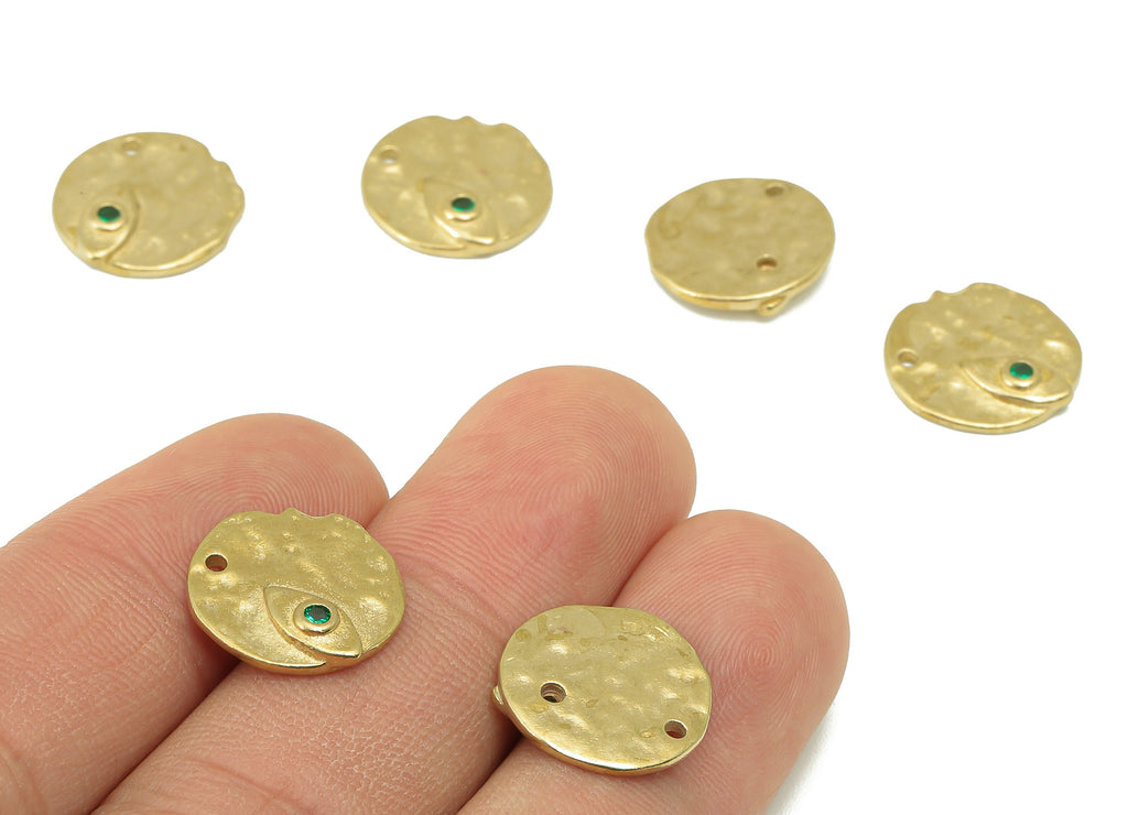 Brass Round Earrings - Raw Brass Irregular Round Charm - Cubic Zircon Circle Green Eye Charm -For Necklace -14x14x2.7mm-PP8329 - DOMEDBAZAAR