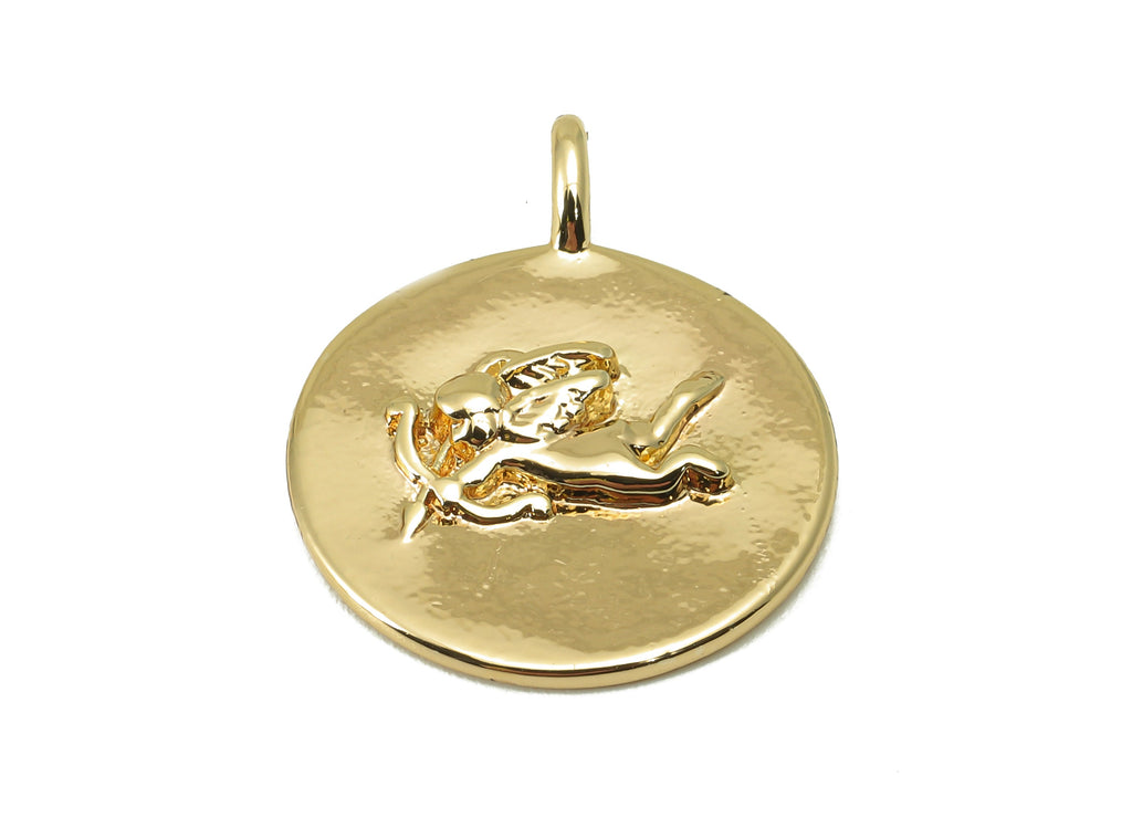 Brass Round Earring Charm - Brass Cupid Charm - Brass Goddess of Love Pendant - For Necklace - 18K Real Gold Plated -23.56x18.7x3mm- RGP6029 - DOMEDBAZAAR