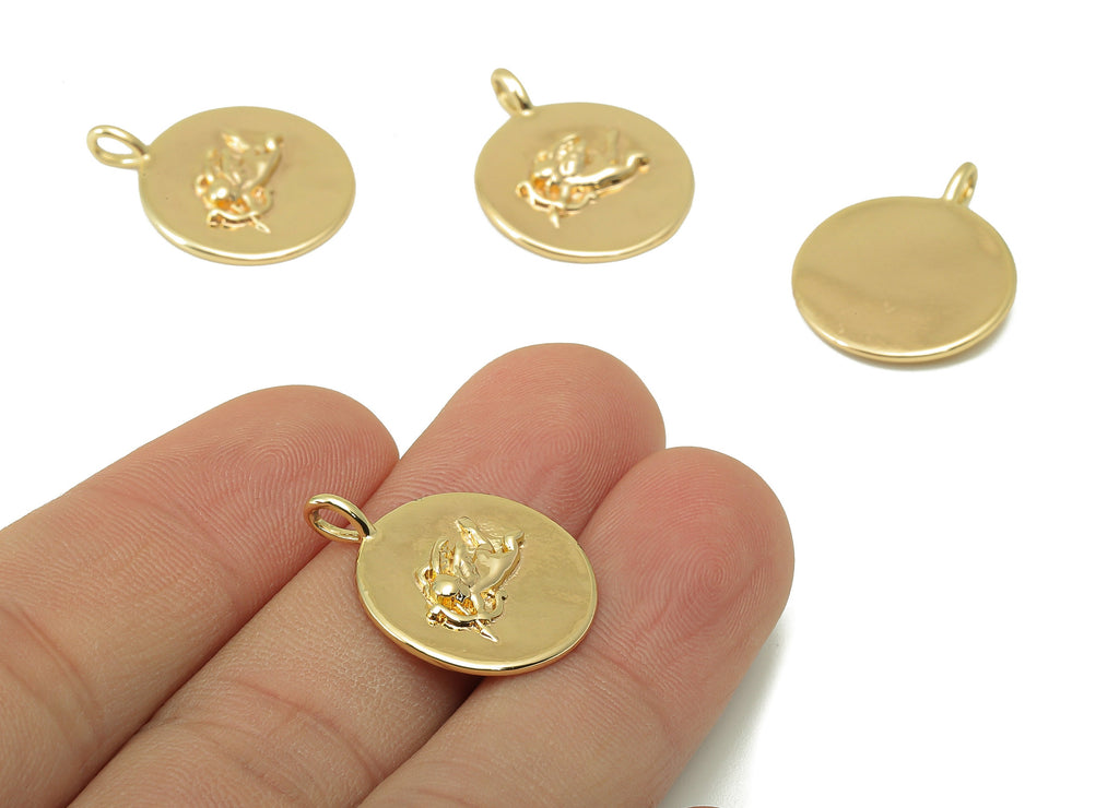 Brass Round Earring Charm - Brass Cupid Charm - Brass Goddess of Love Pendant - For Necklace - 18K Real Gold Plated -23.56x18.7x3mm- RGP6029 - DOMEDBAZAAR