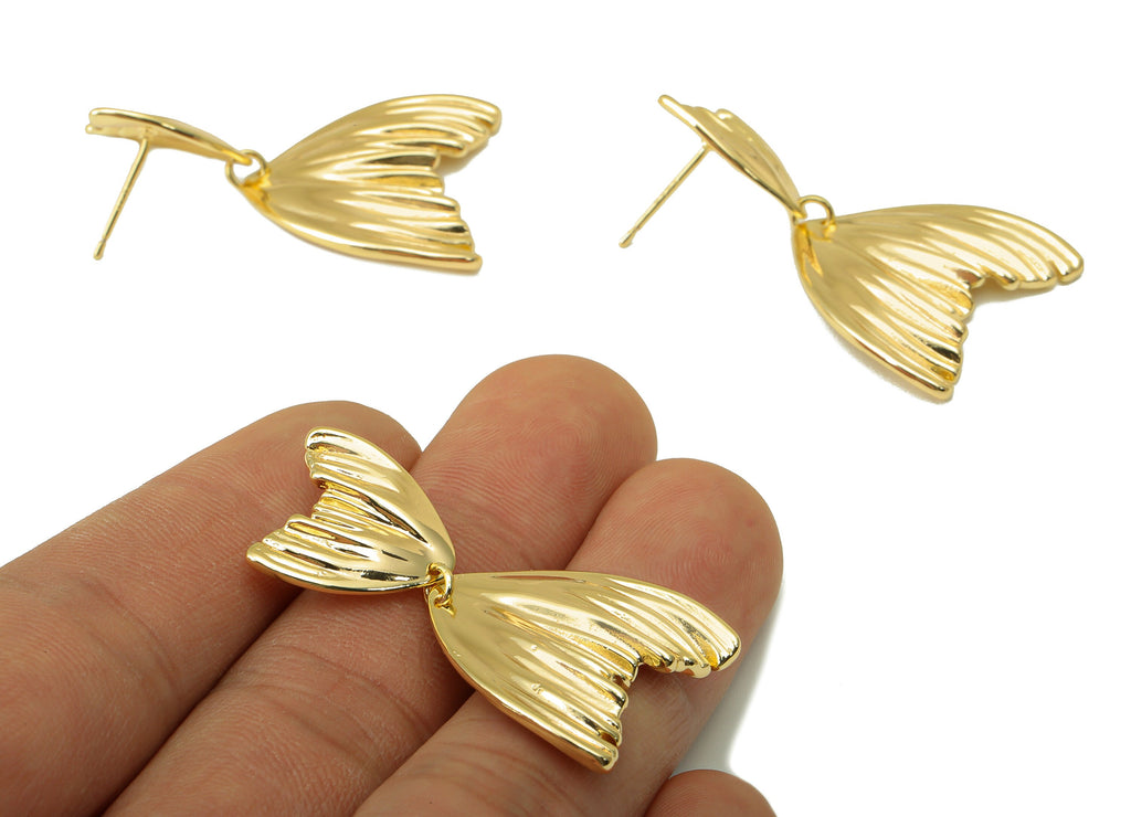 Brass Fishtail Earring Stud - Double Hoops Ball Stud Earrings - Whale Tail Post - Ring Stud Earring -18K Real Gold Plated-40x23x2mm- RGP6335 - DOMEDBAZAAR