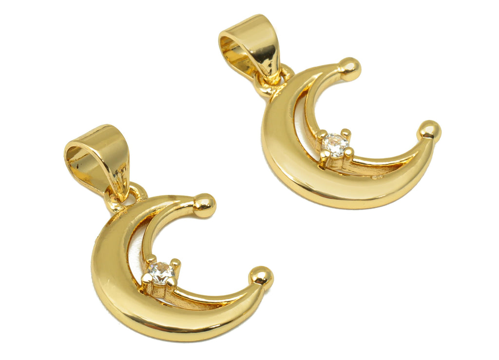 Brass Crescent Earring Charms -Mini Moon Cubic Zirconia Pendant- For Necklace - 18K Real Gold Plated - 19.53 x 12.07 x 2.22mm- RGP6680 - DOMEDBAZAAR