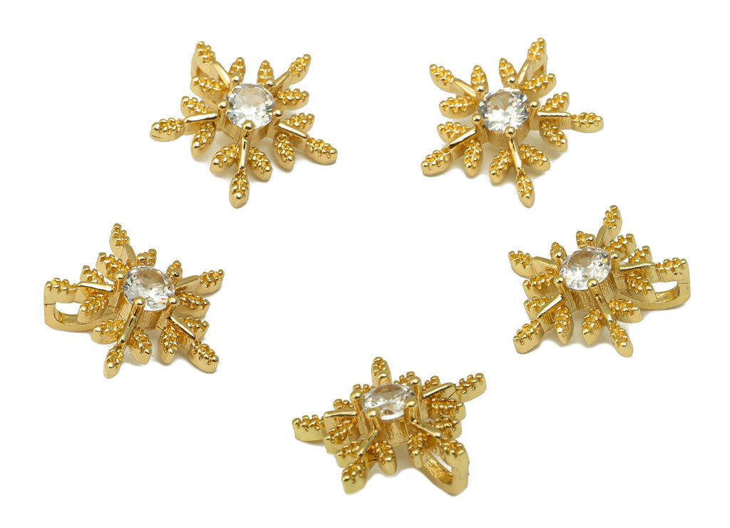 Brass Flower Earring Charms -Mini Snowflake Cubic Zirconia Pendant- For Necklace - 18K Real Gold Plated -11.89x12.24x 3.26mm- RGP6681 - DOMEDBAZAAR
