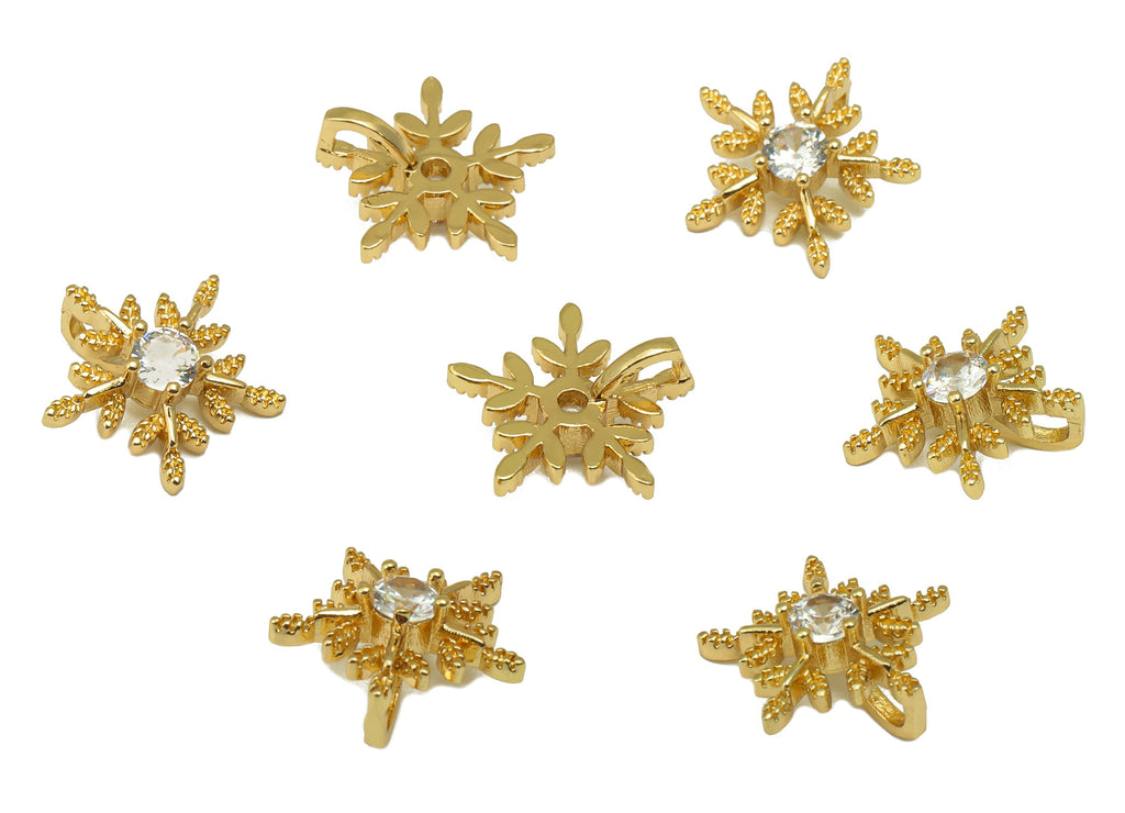 Brass Flower Earring Charms -Mini Snowflake Cubic Zirconia Pendant- For Necklace - 18K Real Gold Plated -11.89x12.24x 3.26mm- RGP6681 - DOMEDBAZAAR