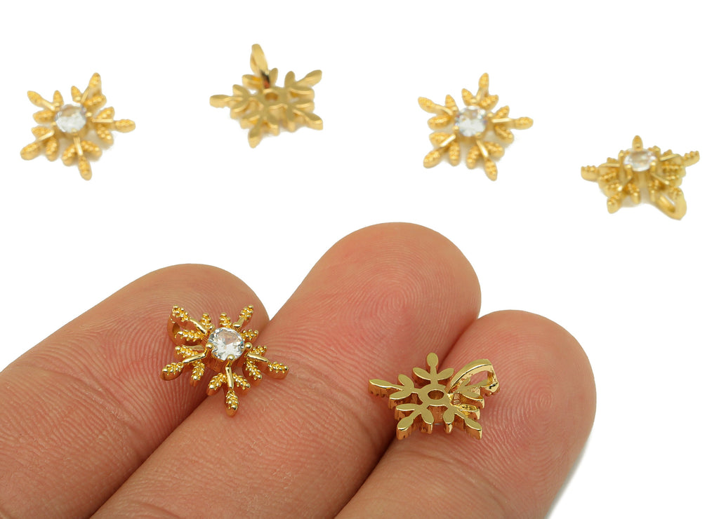 Brass Flower Earring Charms -Mini Snowflake Cubic Zirconia Pendant- For Necklace - 18K Real Gold Plated -11.89x12.24x 3.26mm- RGP6681 - DOMEDBAZAAR