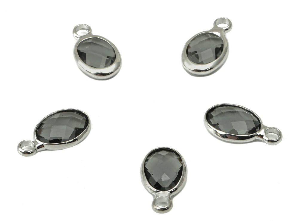Faceted Glass Ellipse Earring Charms - Brass Gray Oval Pendant - Silver Tone Plated Brass With Loop - Faceted Glass - 12x7x3.5mm - GS1068S - DOMEDBAZAAR
