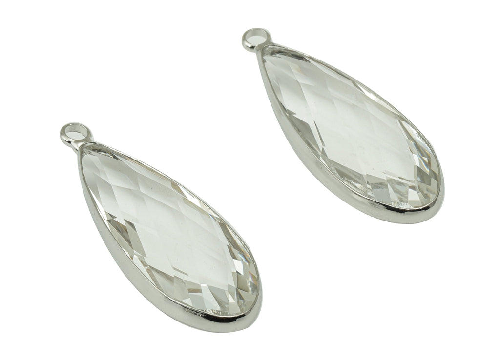 Glass Drop Earring Charms - Brass Teardrop Pendant - Gold Tone Plated Brass - Faceted Glass - Long Drop - 35.27x12.64x6.95mm - GS1161 - DOMEDBAZAAR