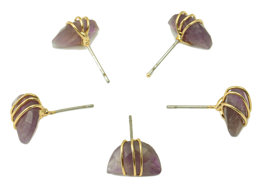 Amethyst Natural Stone Earring Stud - Brass Purple Stone Earring Post - Wire Wrapped Earring Post -Earring Stud- 11.9x8.6x4.85mm-NS1891B - DOMEDBAZAAR