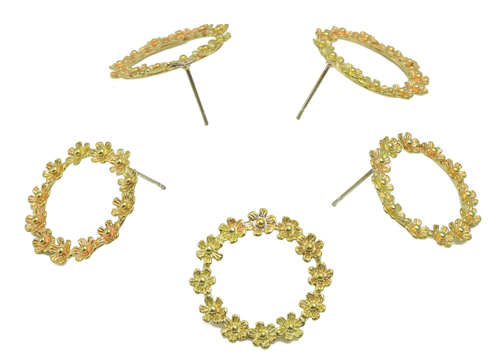 Brass Hoop Flower Crown Stud - Raw Brass Wreath Earring Post - Botanical Stud Earring - Brass Daisy Crown Earring - 22x22x2.04mm - PP8600 - DOMEDBAZAAR
