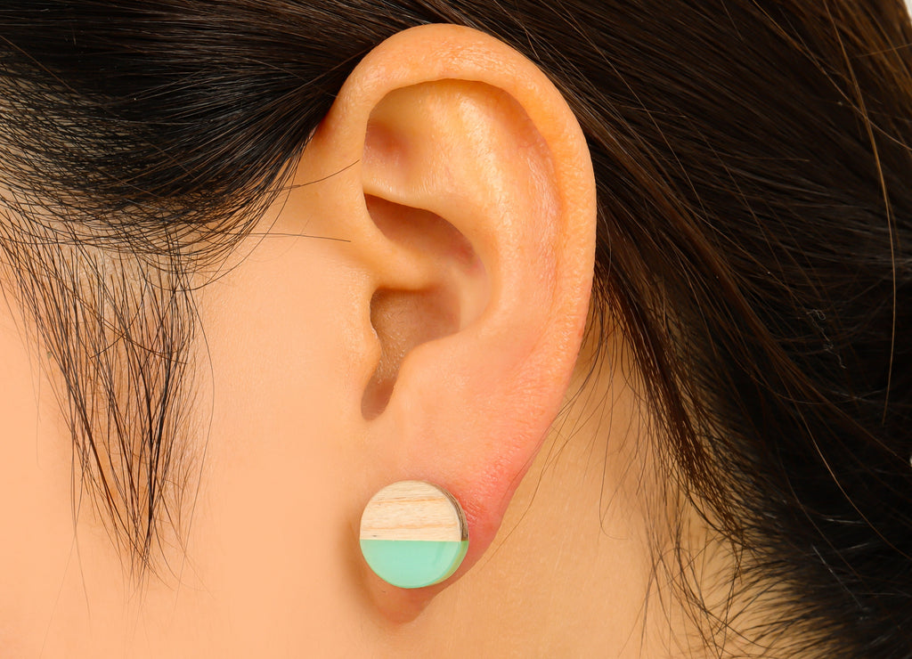 Redwood Resin Round Earring Stud -Redwood Light Green Resin Circle Earring Post - 316 Stainless Steel Stud - 12x12.15x 3.18mm - BB1310A - DOMEDBAZAAR