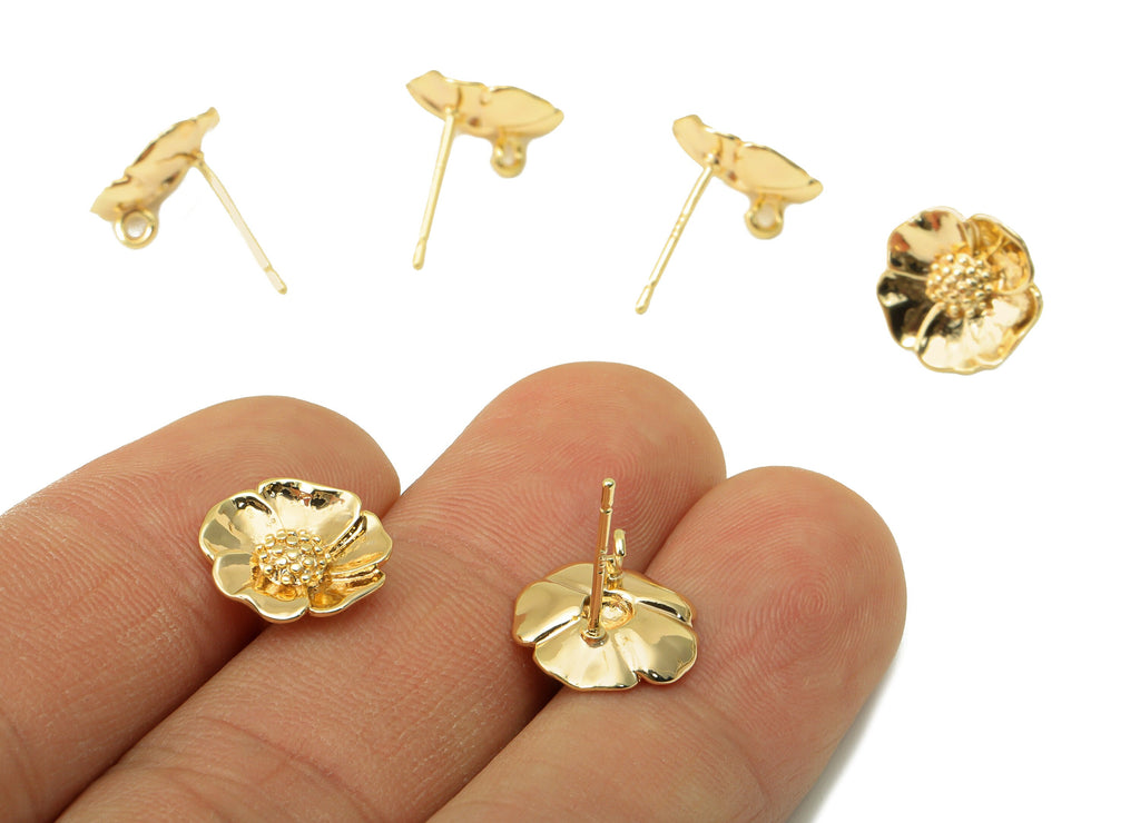 Brass Flower Earrings Stud - Brass Daisy Earring Post - Botanical Earring Post With Loop - 18K Real Gold Plated -11.81x11.81x1.91mm- RGP6271 - DOMEDBAZAAR