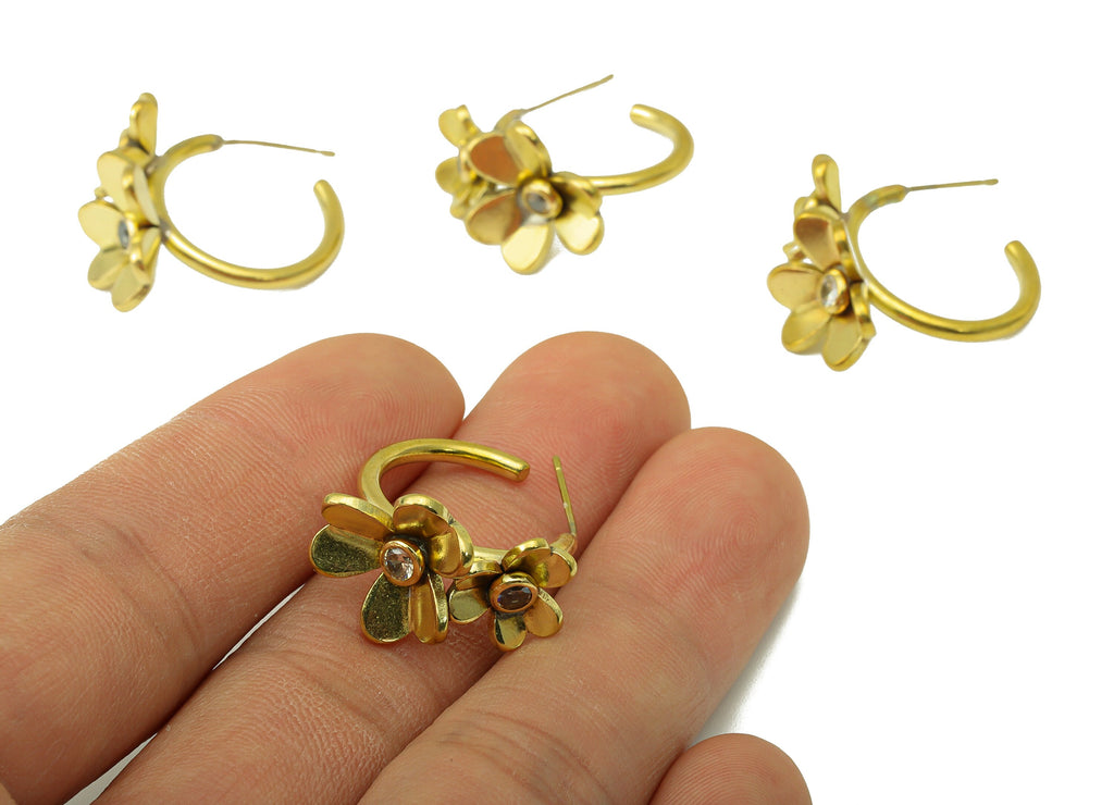 Brass Flowers Hoop Earring –Raw Brass Daisy Stud - Cubic Zircon Flower Stud - Brass Earring Hoop -Jewelry Supplies - 23.9x27.4x5.7mm-PP8417 - DOMEDBAZAAR