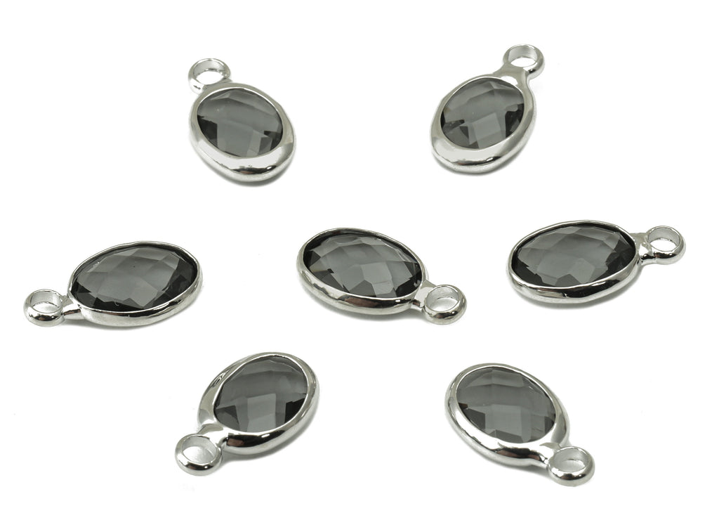 Faceted Glass Ellipse Earring Charms - Brass Gray Oval Pendant - Silver Tone Plated Brass With Loop - Faceted Glass - 12x7x3.5mm - GS1068S - DOMEDBAZAAR