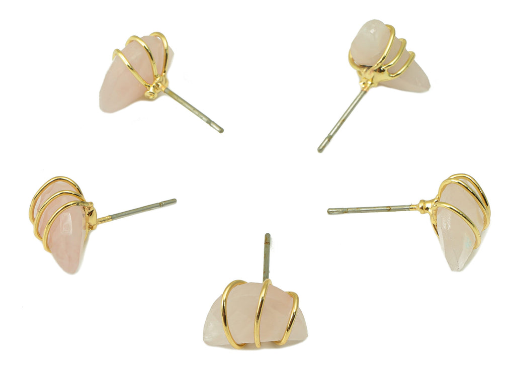 Rose Quartz Natural Stone Earring Stud - Brass Pink Stone Earring Post -Rose Quartz Wire Wrapped Earring Post - 12x9x5mm-NS1891A - DOMEDBAZAAR