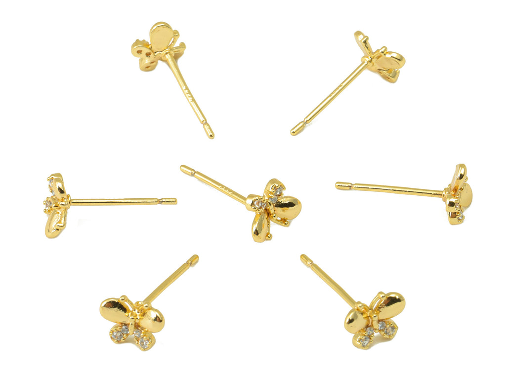 Brass Butterfly Earring Stud - Brass Cubic Zircon Post - CZ Animal Earring Post- 18K Real Gold Plated - 5.61x 6.9x 1.71mm-RGP6499 - DOMEDBAZAAR