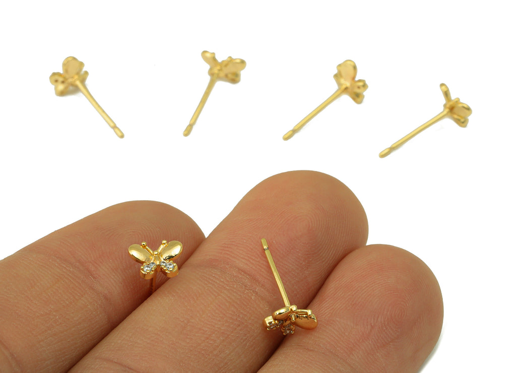 Brass Butterfly Earring Stud - Brass Cubic Zircon Post - CZ Animal Earring Post- 18K Real Gold Plated - 5.61x 6.9x 1.71mm-RGP6499 - DOMEDBAZAAR