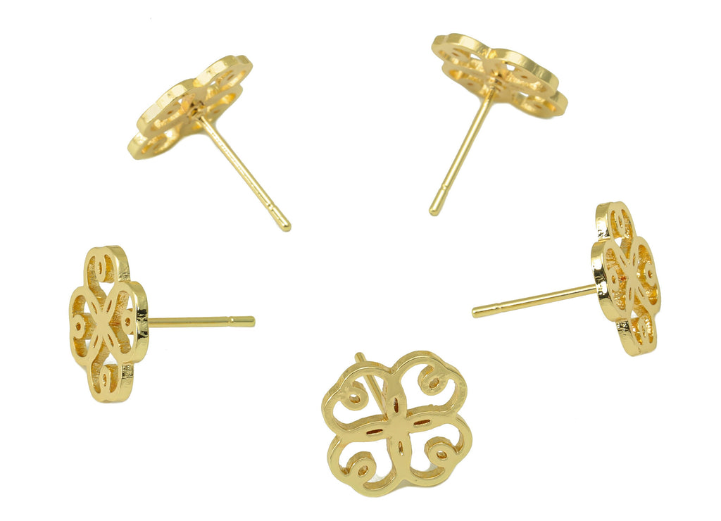 Brass Flower Earring Stud - Brass Window Cut Earring Post - Heart Gold Clover Earring Post - 18K Real Gold Plated - 11x11.08x0.95mm-RGP6583G - DOMEDBAZAAR