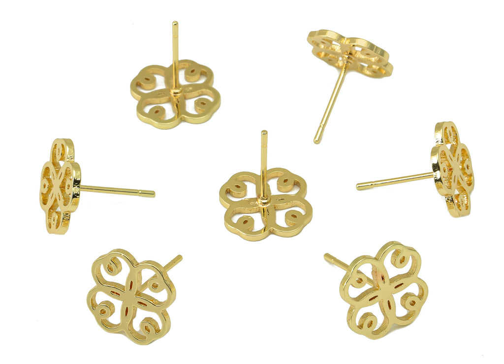 Brass Flower Earring Stud - Brass Window Cut Earring Post - Heart Gold Clover Earring Post - 18K Real Gold Plated - 11x11.08x0.95mm-RGP6583G - DOMEDBAZAAR