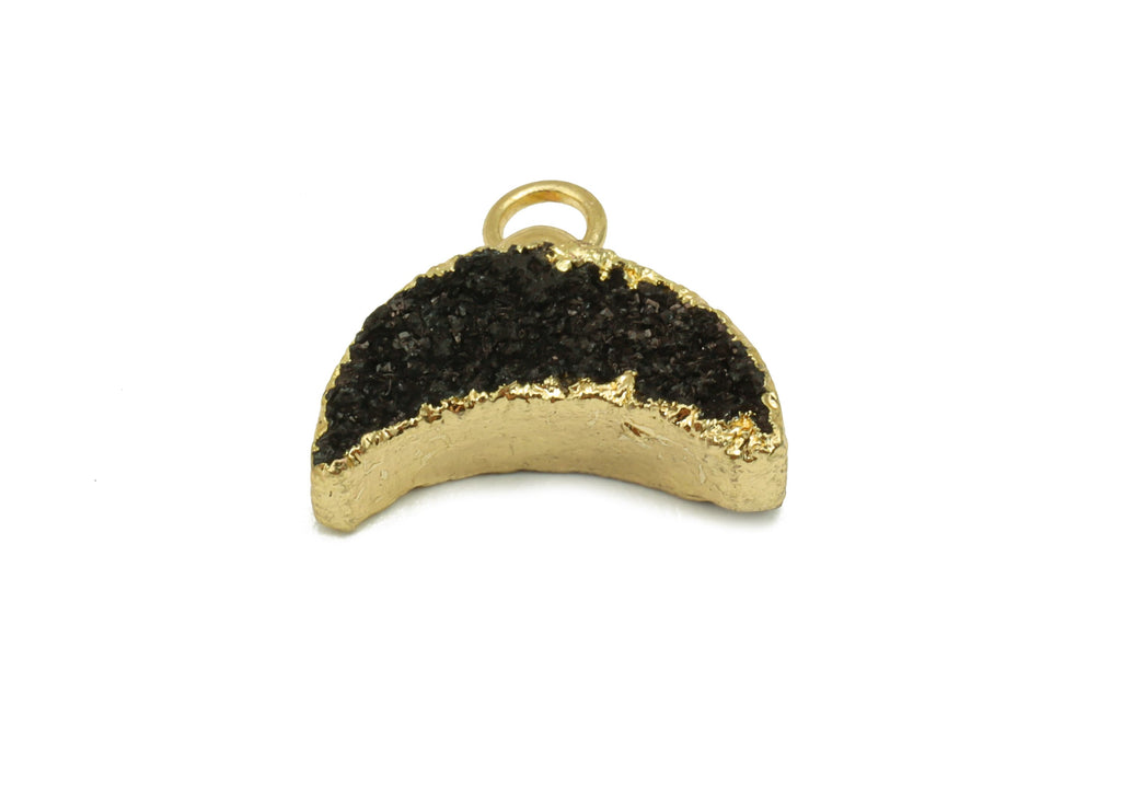 Black Cluster Crystal Druzy Earring Charms - Brass Crescent Pendant - Natural Stone - Gold Tone Plated Brass – 14.4x12.91x4.62mm – NS1680C - DOMEDBAZAAR